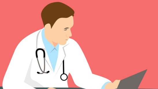 Picture graphic of a doctor at a laptop with a pink wall behind him