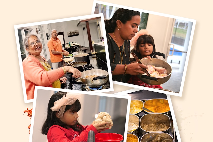 A composite of four photos, each showing members of a family cooking.