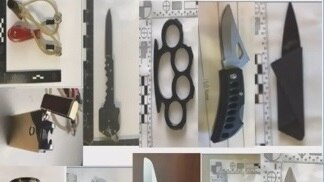 A number of images of seized items including knives, handcuffs and knuckledusters.