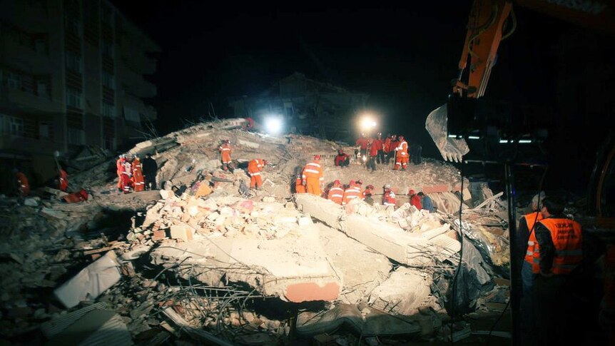 Rescue crews work at night in Turkey