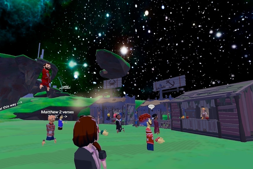 People represented by avatars attend a virtual reality worship service.