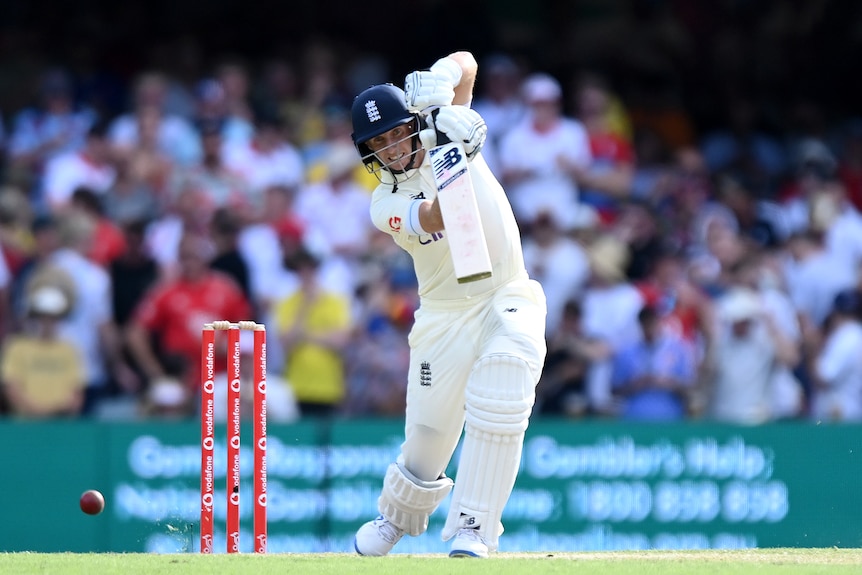 English batsman Joe Root plays a shot during day three of the First Test Match in the Ashes series between Australia and England
