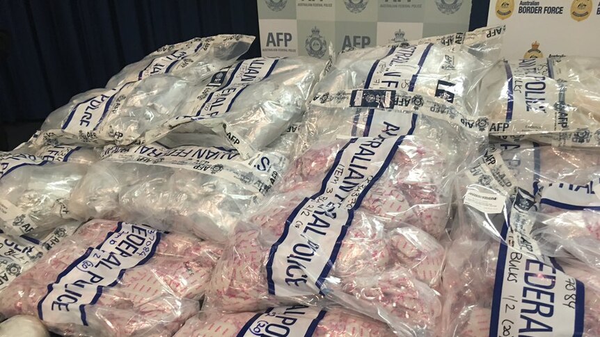 Methamphetamine and ephedrine in large bags labelled 'Australian Federal Police'.