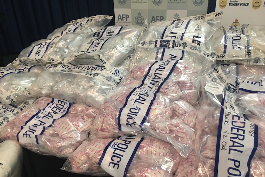 Methamphetamine and ephedrine in large bags labelled 'Australian Federal Police'.