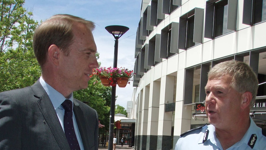 Police Minister Simon Corbell and the ACT's chief police officer Rudi Lammers discuss safety in Civic.