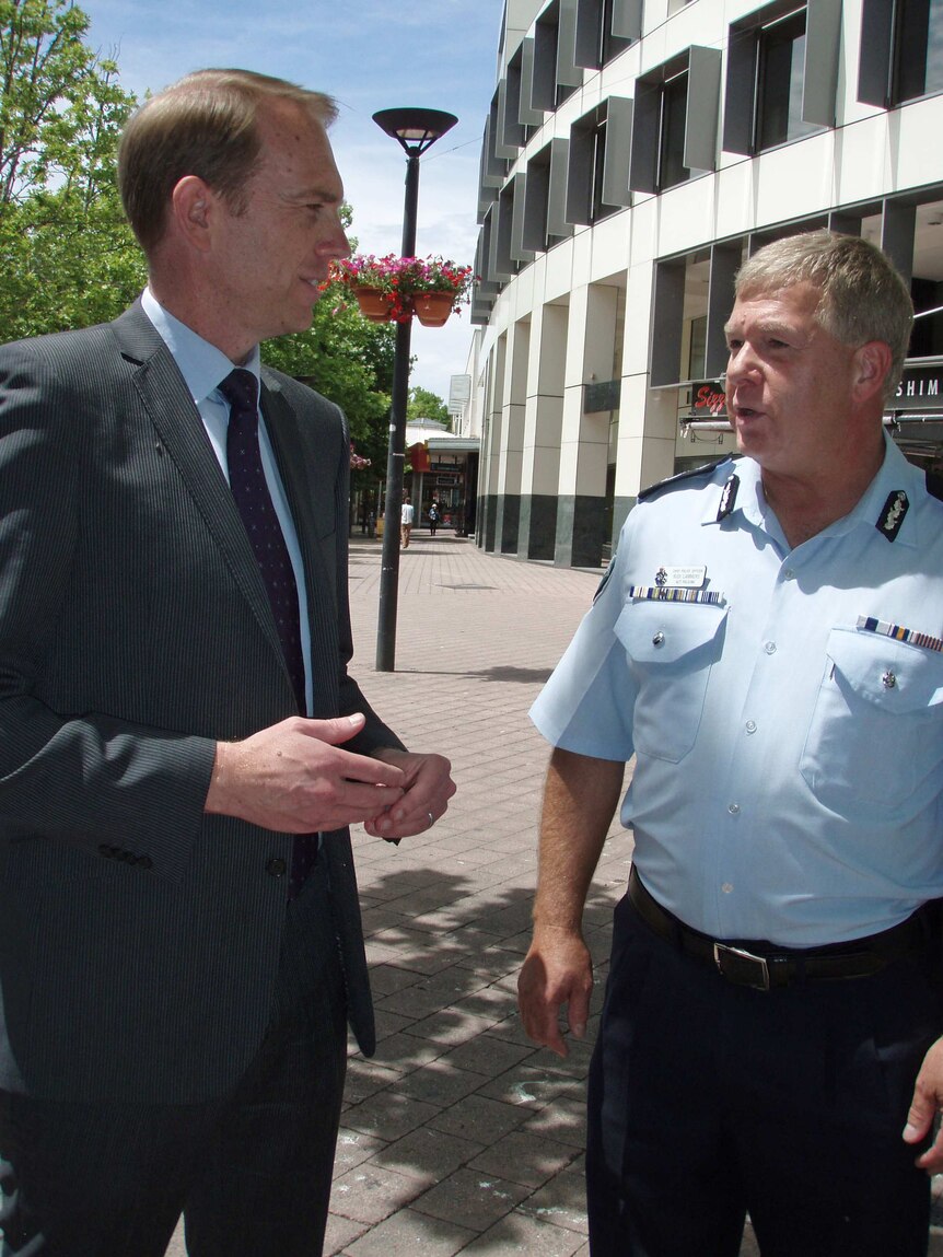 Police Minister Simon Corbell and the ACT's chief police officer Rudi Lammers discuss safety in Civic.