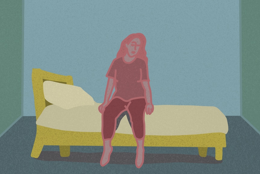 An illustration of a woman sitting on a bed alone.
