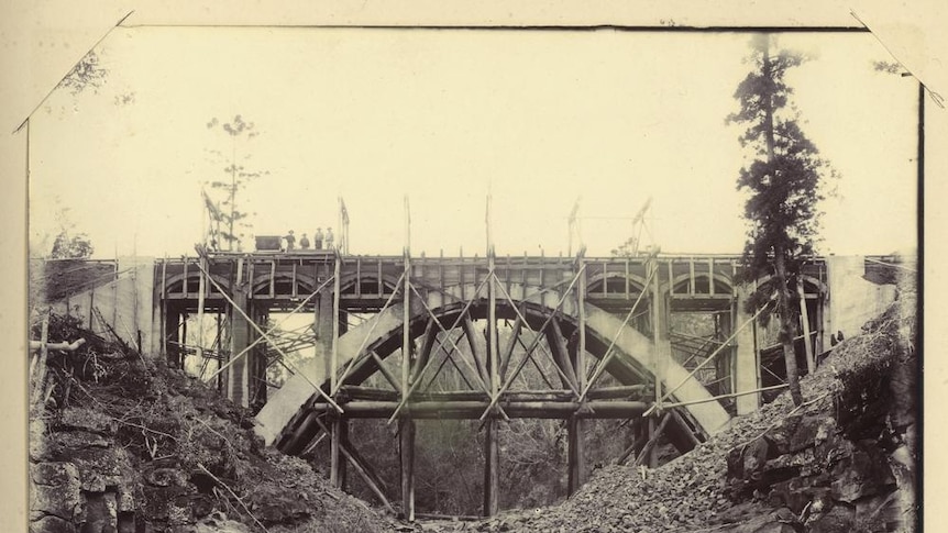 Deep Creek railway bridge nearing completion in the Gayndah district in southern Queensland in 1905.