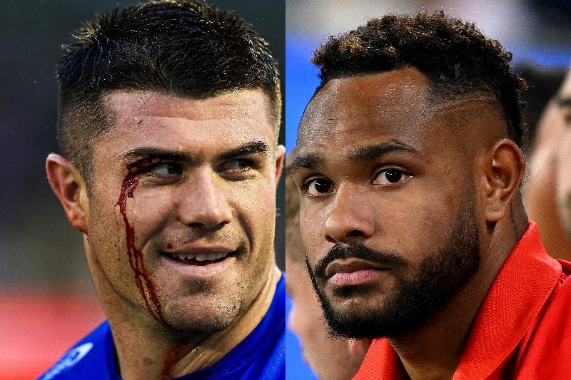 Composite image of Bradman Best bleeding from his brow for the Newcastle Knights and Hamiso Tabuai-Fidow of the Dolphins.