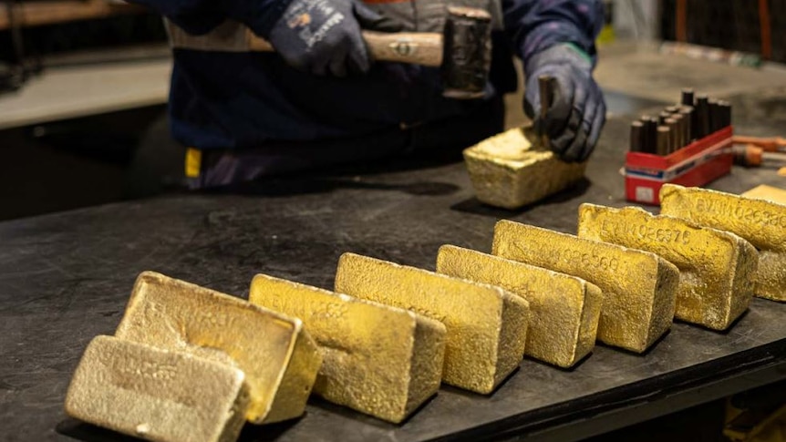 A number of gold bars lined up and being stamped by a worker using a hammer.  