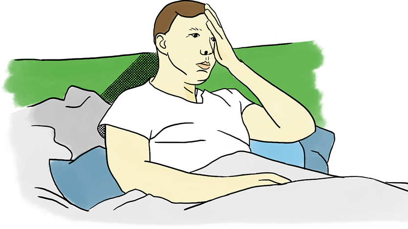 An illustration shows Peter Dutton sitting up in bed, with one hand clutched to his forehead