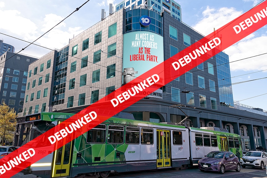 Image of a digital billboard with the phrase "almost as many cookers as the Liberal Party" A red debunked sash is overlayed