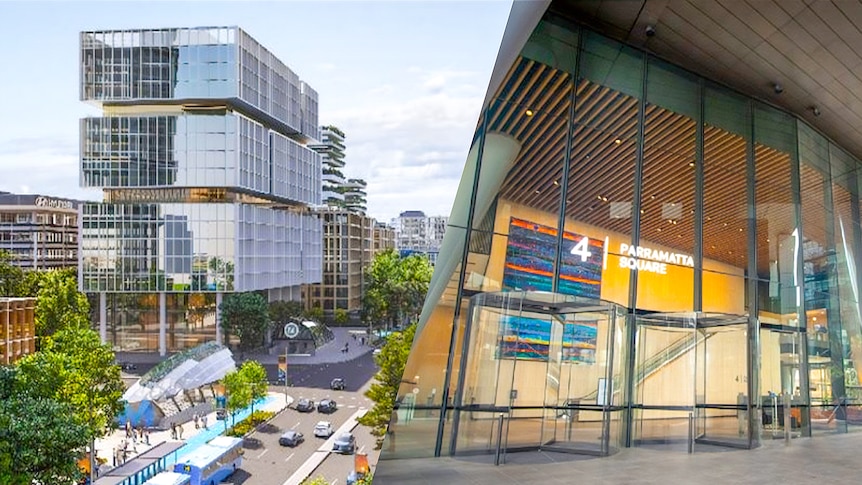 A composite image of a high-rise building and a close up of 4 Parramatta Square