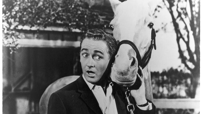 Actor Alan Young poses with a horse