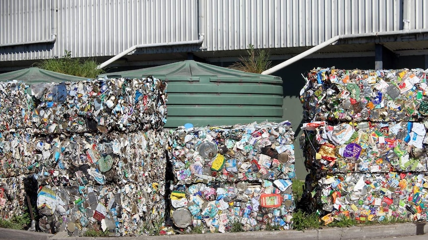 Bales of recycled metal containers waiting to be transported at the Materials Recovery Facility, Hume, ACT.
