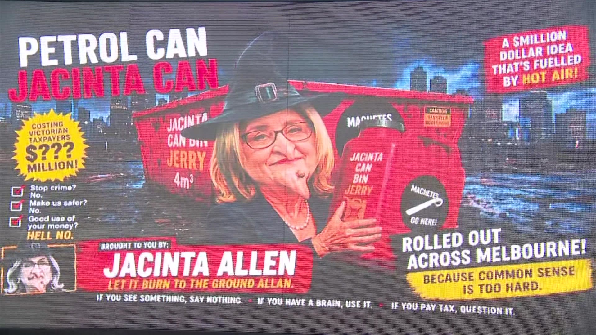 A critical ad about the Victorian premier Jacinta Allan on a billboard.