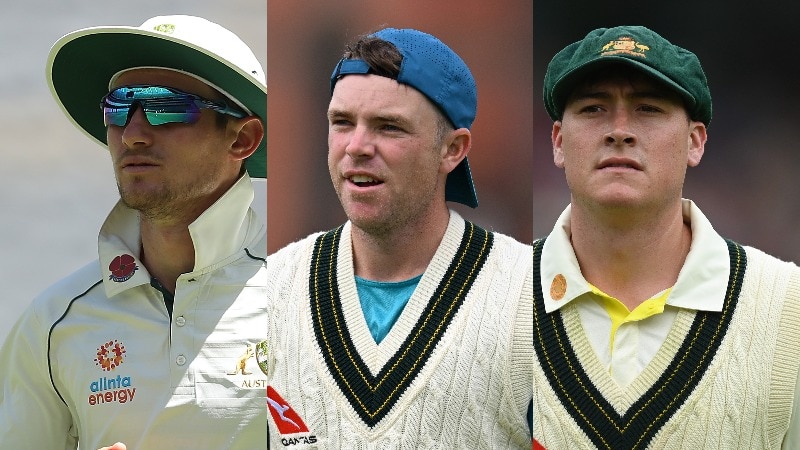 A split image of three Australian cricketers - two in sweaters, one without - standing on a ground during a match or training. 