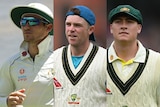 A split image of three Australian cricketers - two in sweaters, one without - standing on a ground during a match or training. 
