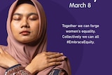 A poster of a woman with her hands folded over her shoulders for international women's day.