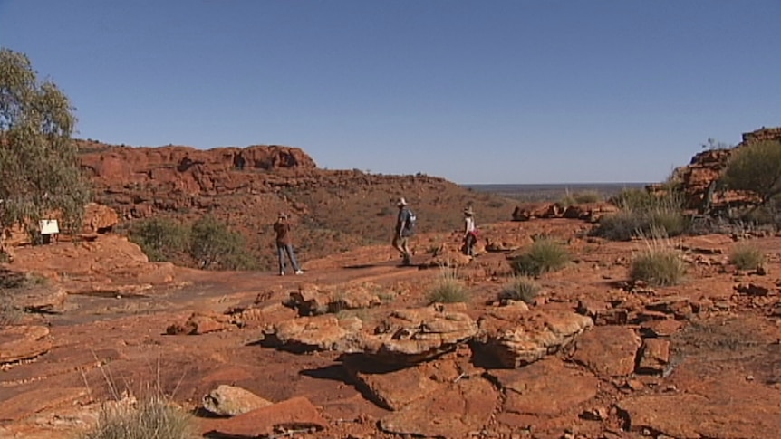 Three hikers in the distance walk at Kings Canyon.