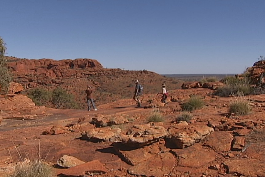 Three hikers in the distance walk at Kings Canyon.