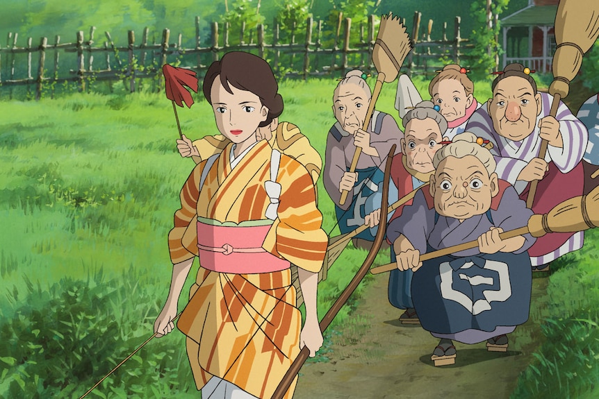 Illustration of a group of older woman following a young woman dressed in a kimono.