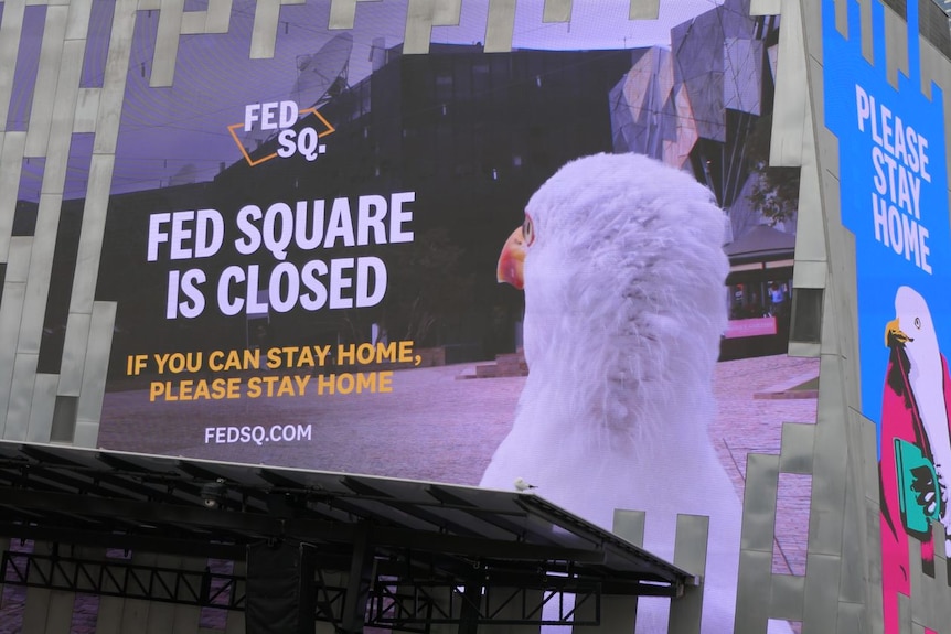 A large sign with a seagull depicted on it states that Melbourne's Federation Square is closed.
