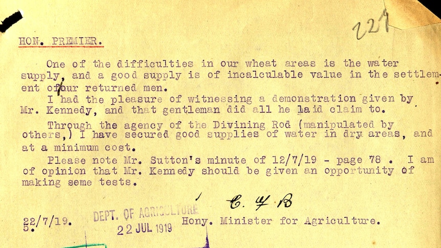 A 1919 memo from the WA minister for agriculture to the premier, recommending water divining.