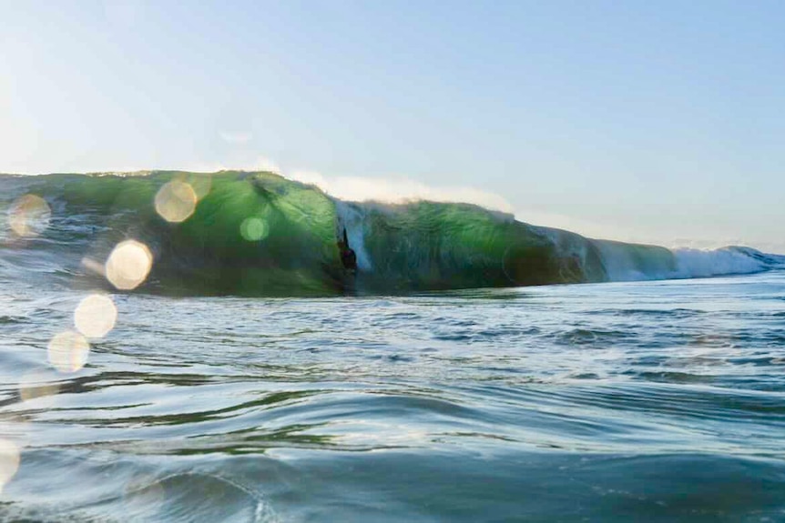 View from the water of a wave with a hollow rounded shape.