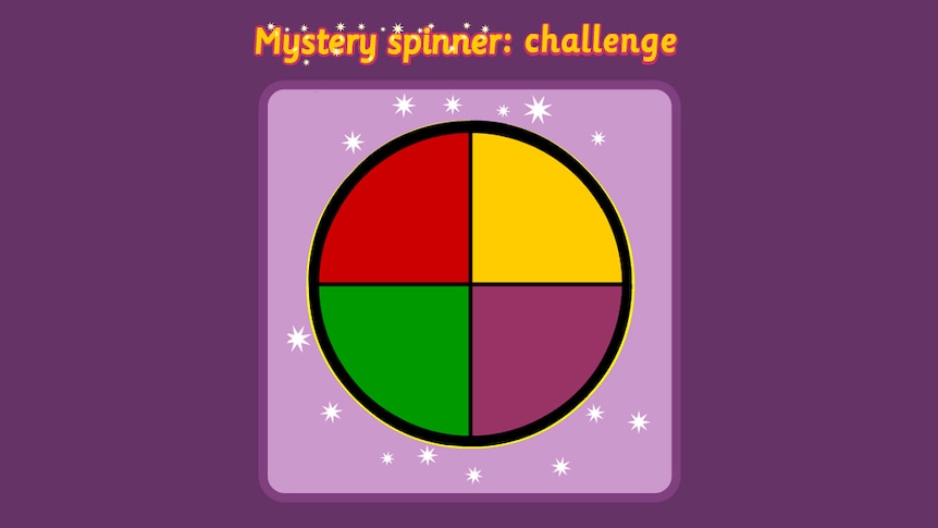 Circle divided into quarters, text reads "Mystery spinner: challenge"
