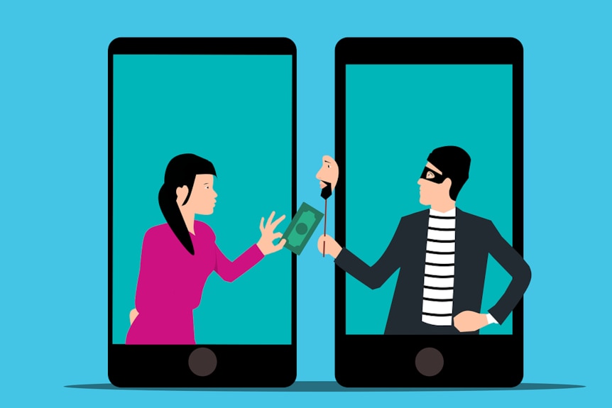 A graphic showing a cartoon woman handing over money to a thief.