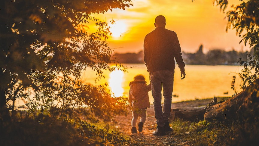 Shot from behind of man walking with child as sun sets in background.