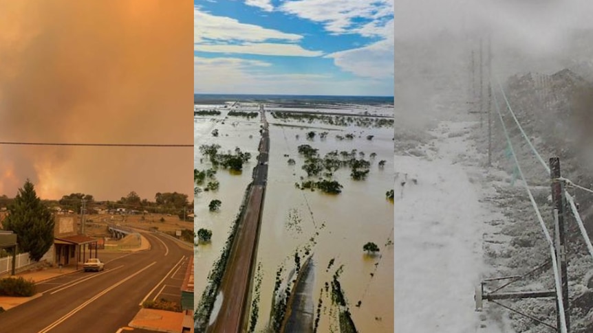 Three pictures alongside of fire, floods and snow taken in the last few days.