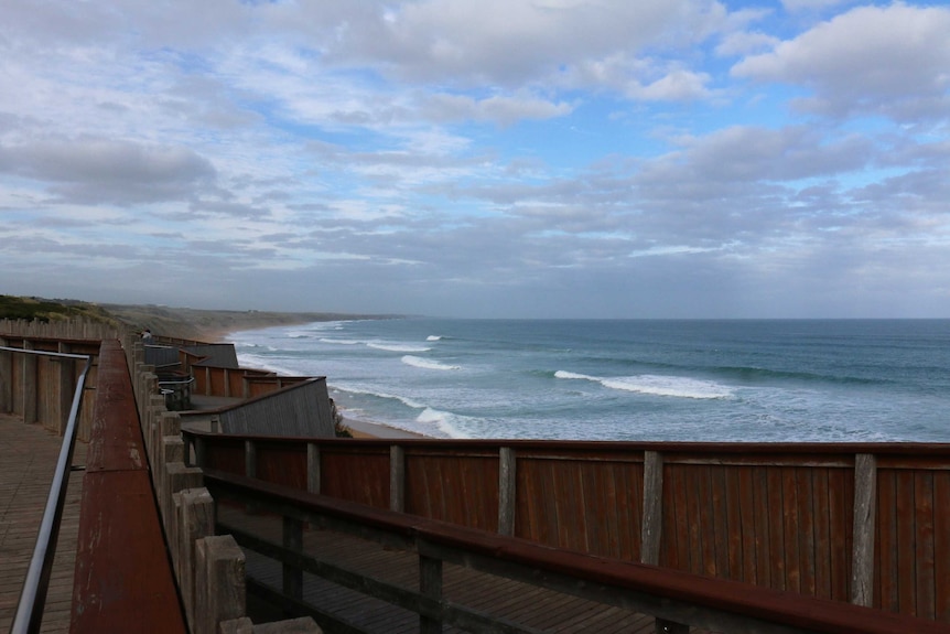 A timber whale viewing platform with a beach in the background.