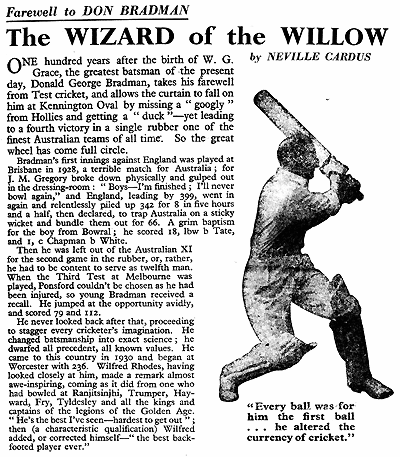 An article called "The Wizard of the Willow" with a picture of Bradman playing a shot.