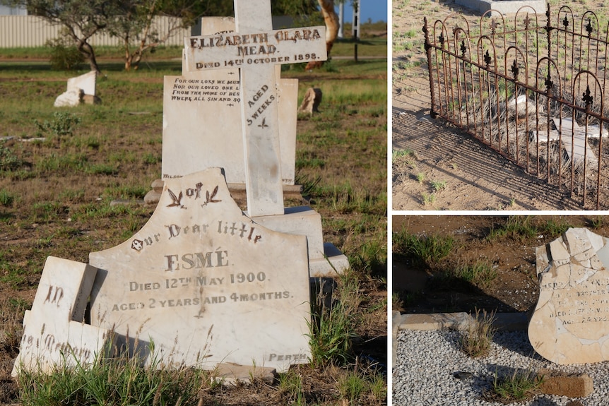 Damaged gravestones at a cemetery