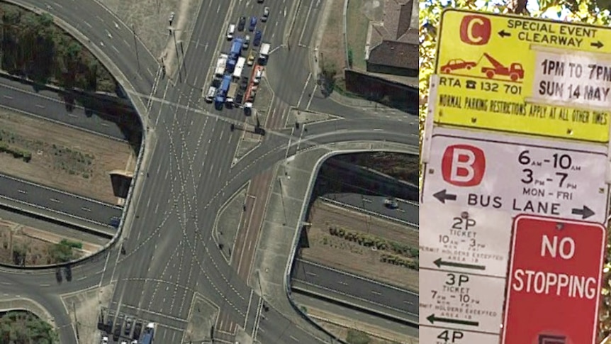 A composite image of a complicated intersection from above and a complicated street sign