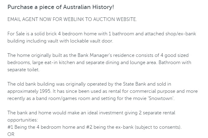 The property listing for the Snowtown bank on realestate.com.au.