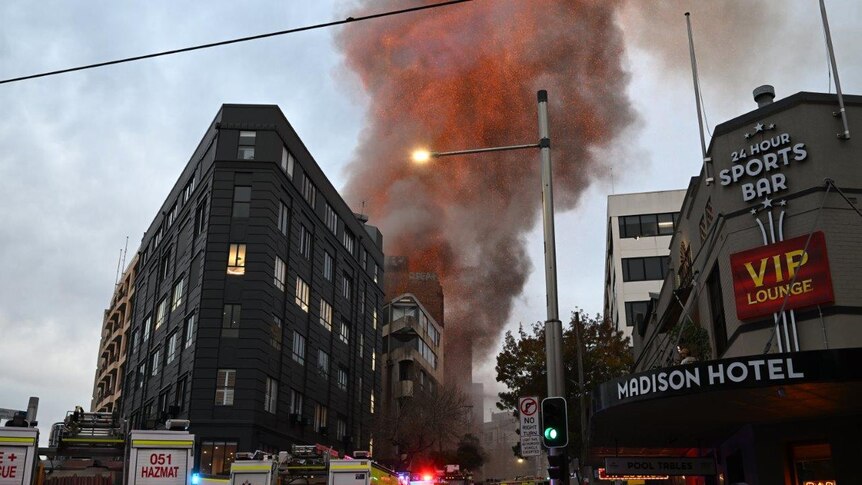 An aerial view of a building fire in Sydney.