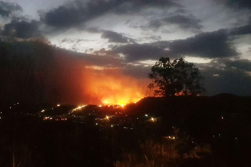 View from Mount Marlay of bush fire at night approaching Stanthorpe on Queensland's Granite Belt.