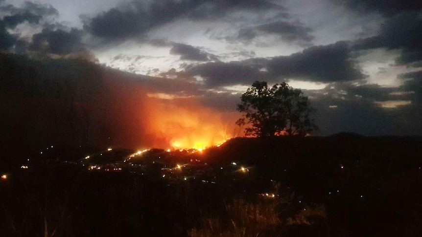 View from Mount Marlay of fire approaching Stanthorpe on Queensland's Granite Belt at 6:13pm on Friday, September 6, 2019.