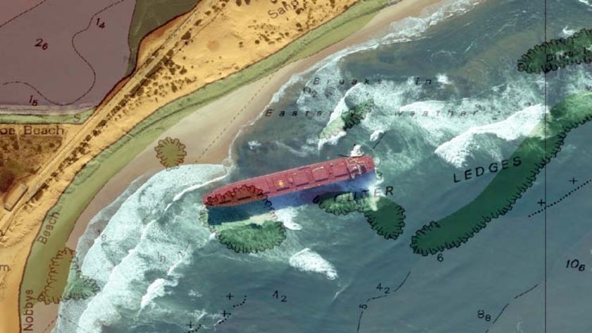 Maritime chart overlayed onto an aerial photo of the MV Pasha Bulker