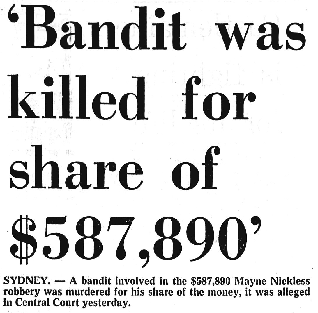 A black and white newsclip with headline saying, 'bandit was killed for share of $587,890.