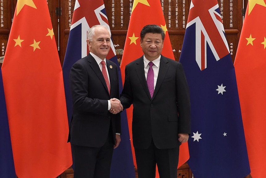 PM Turnbull and Pres Xi Jinping shake hand in front of flags