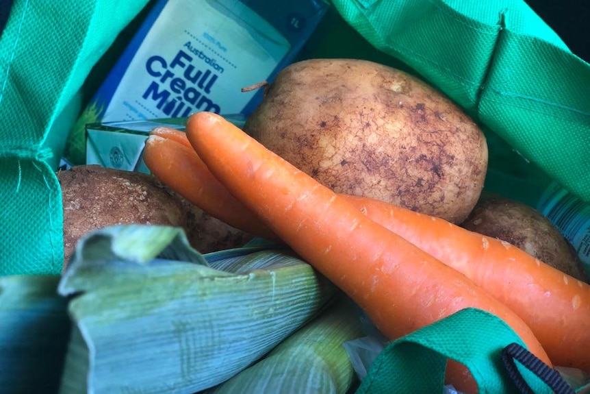 Fresh food and milk sit in a shopping bag in the boot of a car.