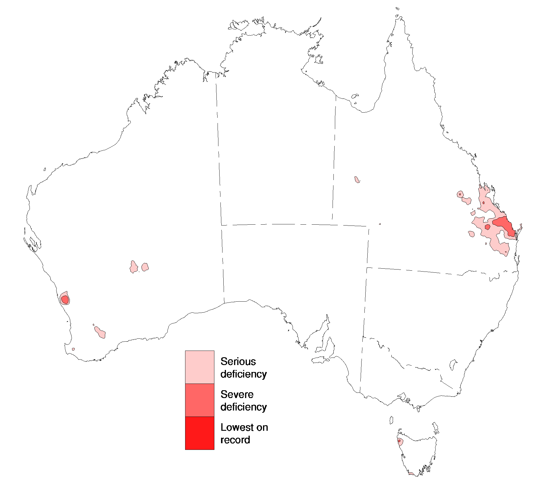 A line map of Australia with several pink and red patches.