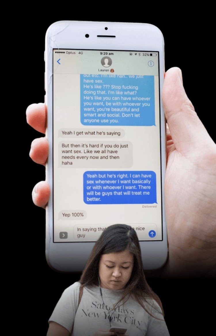Jess's phone screen, a message to a friend says "I can have sex... with whoever I want. There will be guys who treat me better."