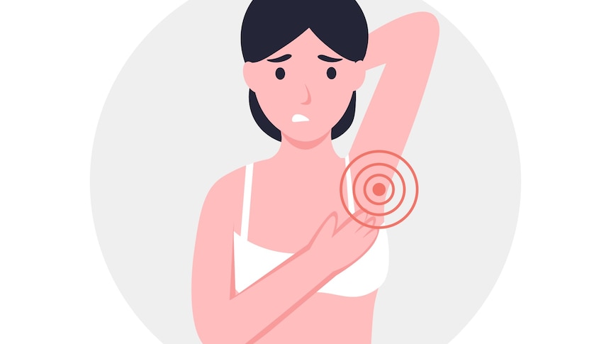 A cartoon of a cringing woman with red lines emanating from her armpit