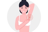 A cartoon of a cringing woman with red lines emanating from her armpit