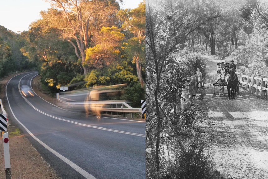 A composite image of a road with a blurry car whizzing past on left and horse and buggy traversing the road in the early 1900s
